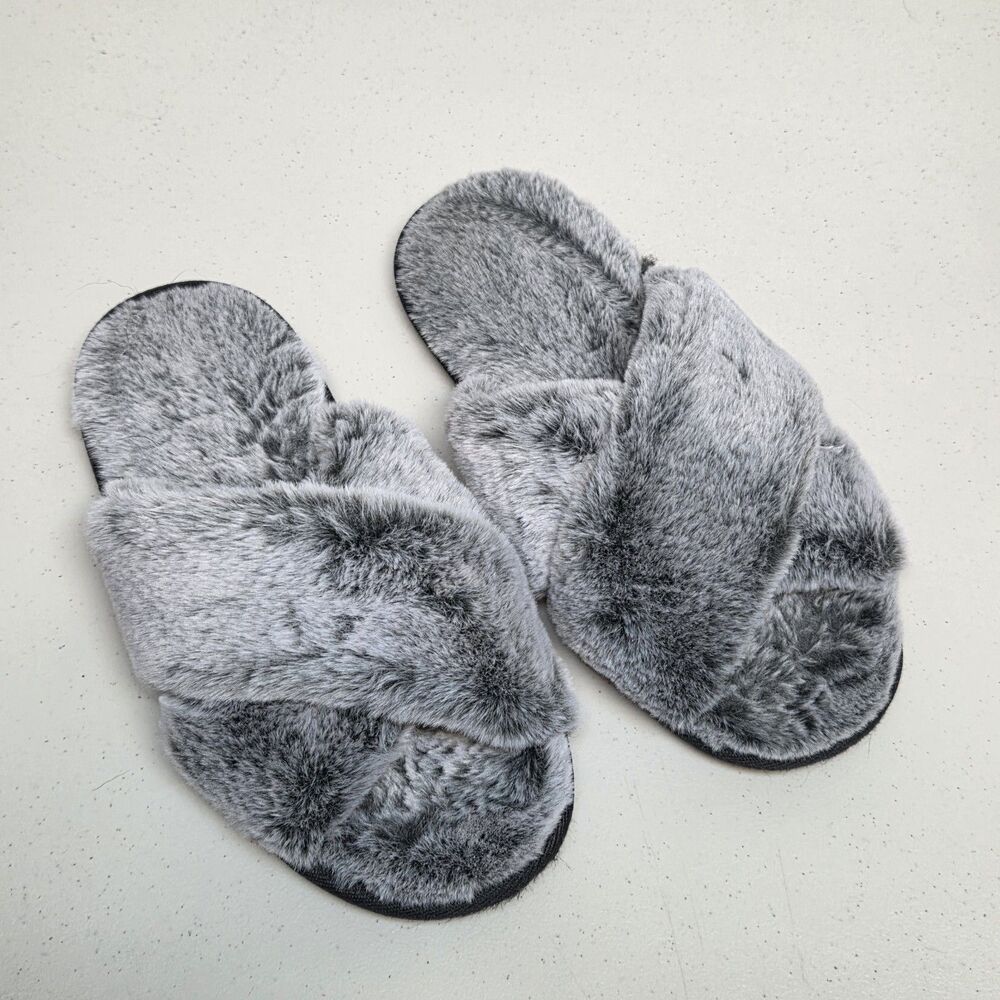 Blush Gray Slip On Fuzzy House Slippers Size 9 Crisscross Faux Fur